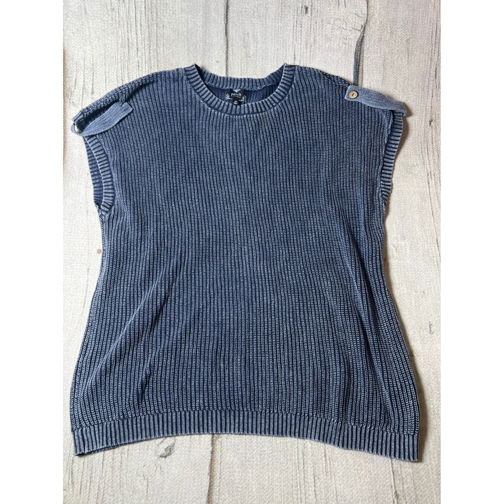 Perch Sweater Vest Women 2X Blue Acid Wash Boho Button Back Oversized Cotton